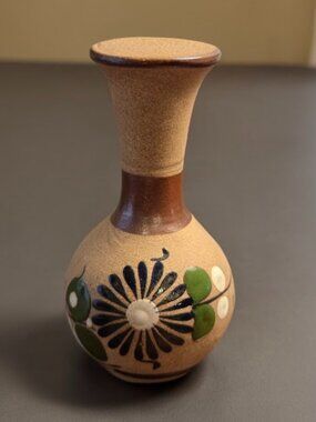 Vintage Tonala Mexican Folk Art Sandstone Vase – Hand-Painted Floral